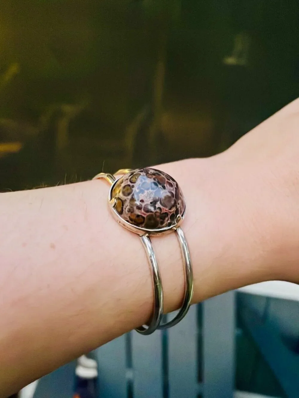 925 Sterling Silver & Pink Natural Jasper Stone Adjustable Bangle Boho Bracelet